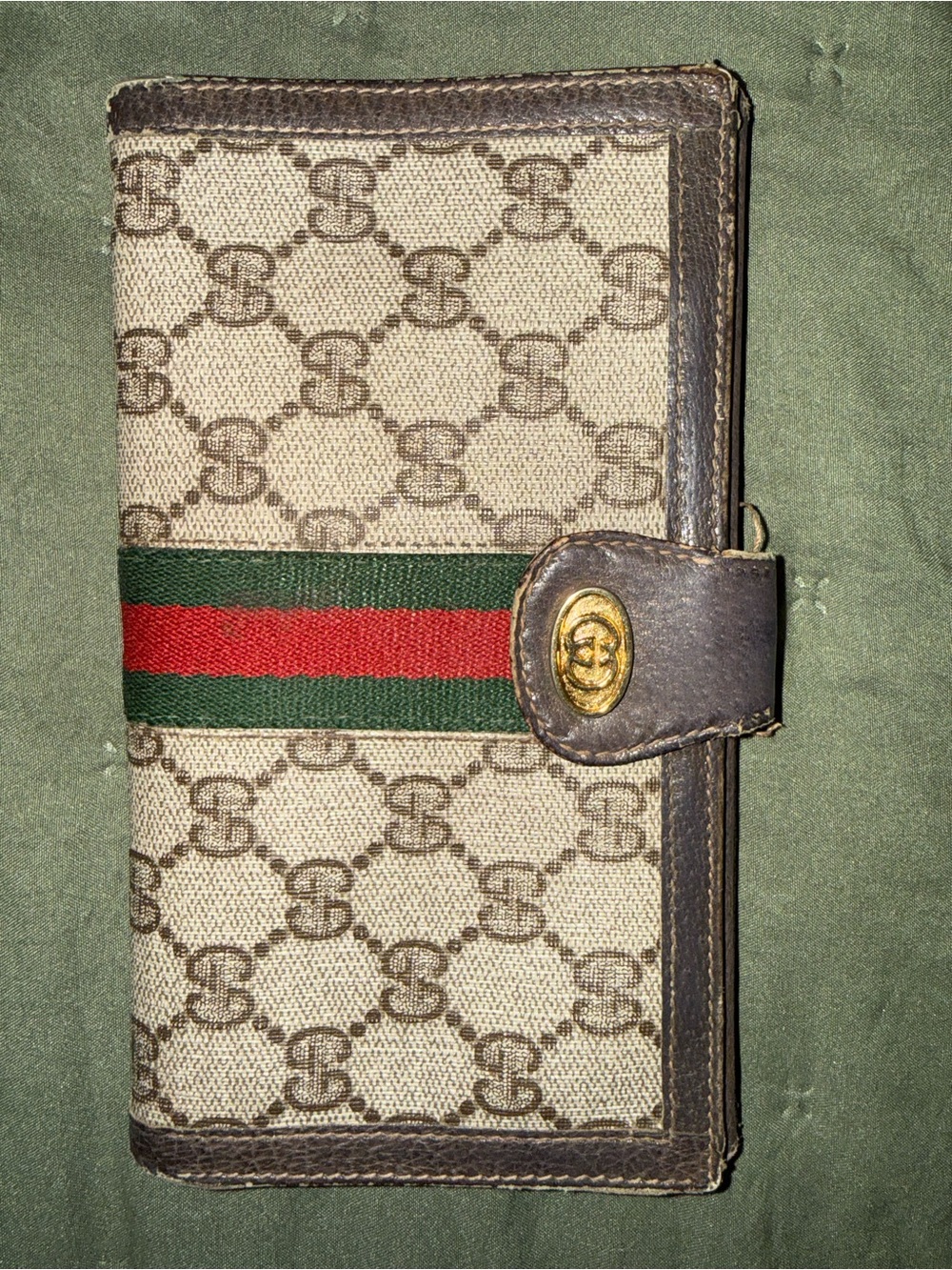 Vintage Gucci Brown Monogram Canvas Trifold Wallet with Green-Red Web Stripe